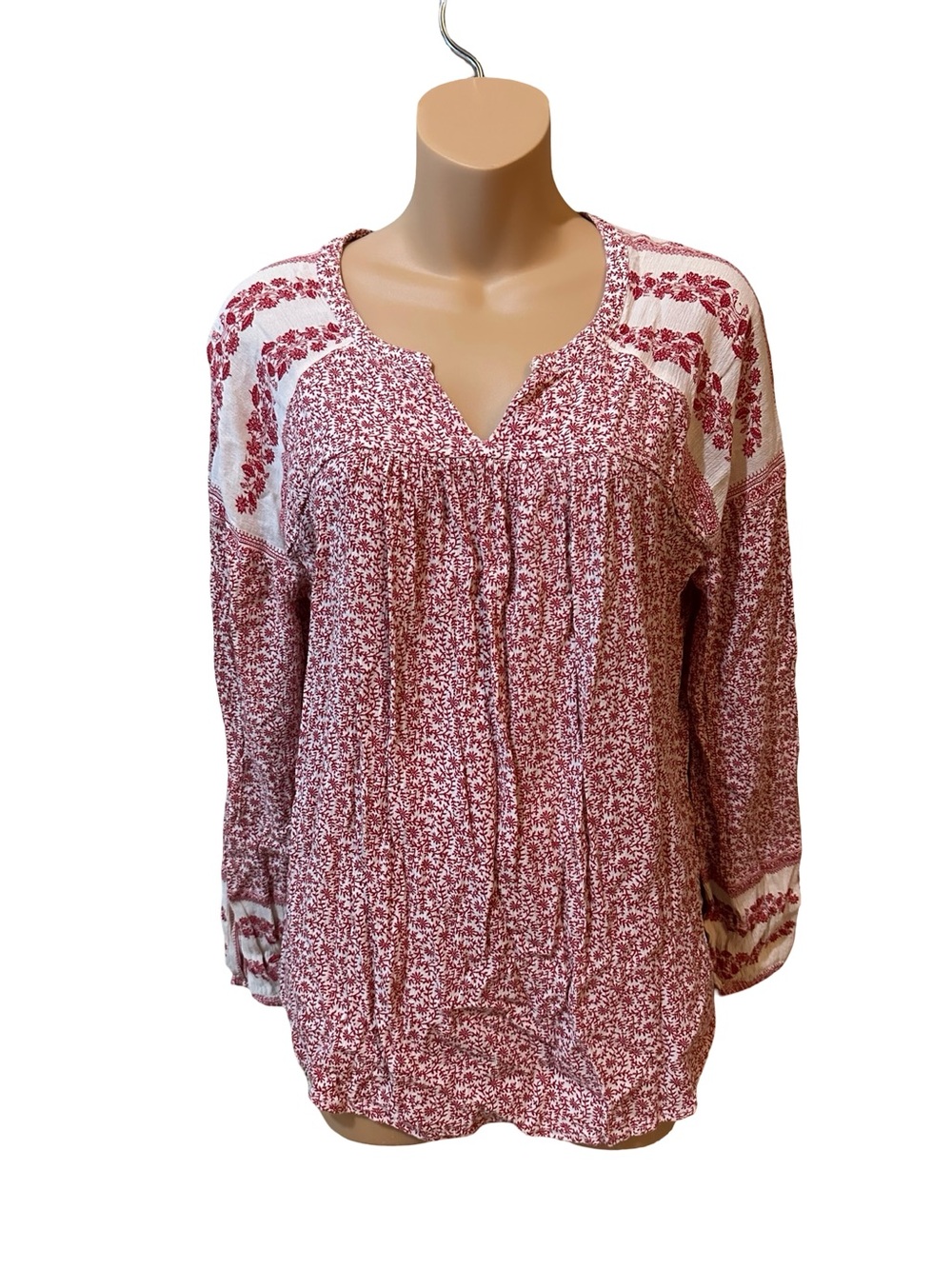 Lucky Brand Red Floral Peasant Tunic Long Sleeve Size Medium Boho Western
